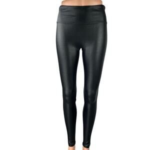 Retro Gong Black Metallic Faux Leather Mid Rise Athletic Tight Leggings Pants M